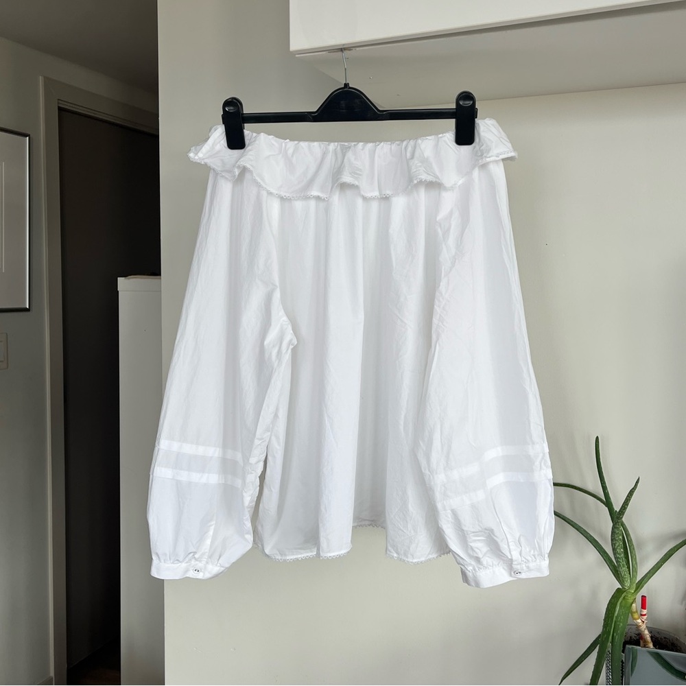 Aritzia Wilfred Verbena Poplin White Cotton Ruffle Boho Casual Relaxed Blouse L - Picture 10 of 17